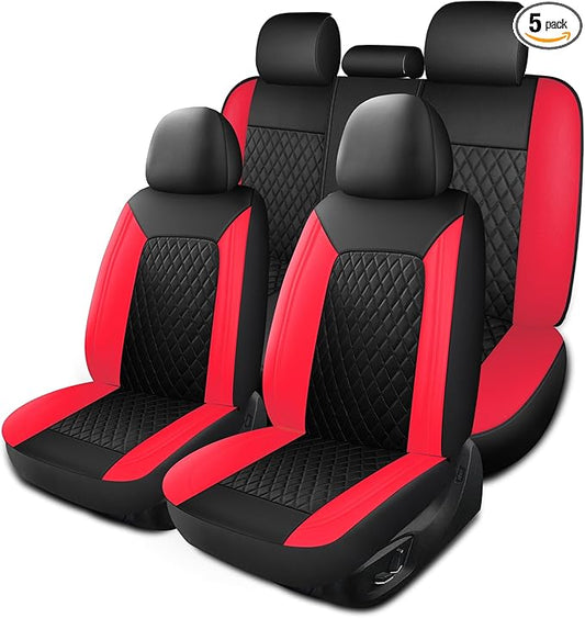 Red Car Seat Covers,Breathable and Waterproof Seat Cover Full Set,PU Premium Universal Fit Automotive Airbag Compatible for Cars Sedans SUVs Vans and Trucks(Full Seat,Black+Red,N1)