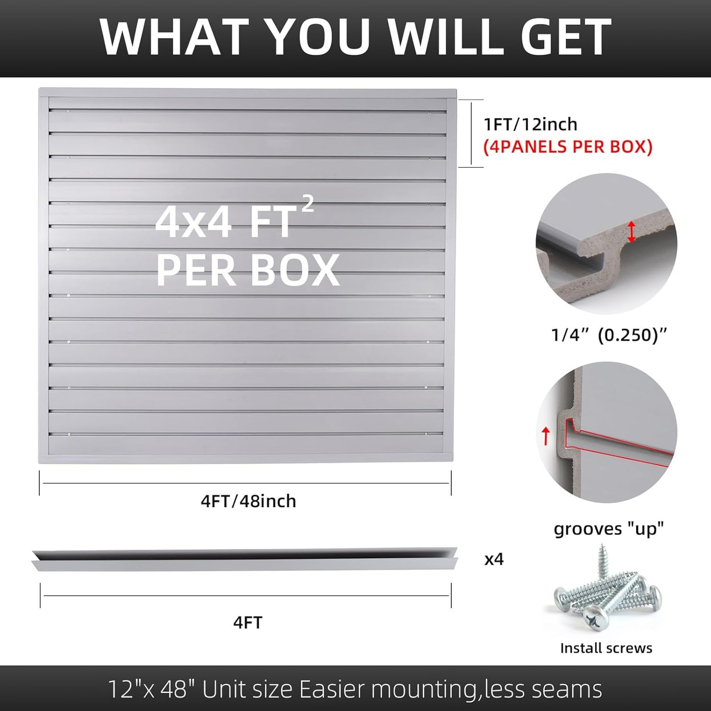 Slatwall Panel Garage Organizer Heavy Duty Wall Mounted, PVC Slat Panels Home Storage System, Tool Organization Peg Board 4ft by 4ft (Gray)