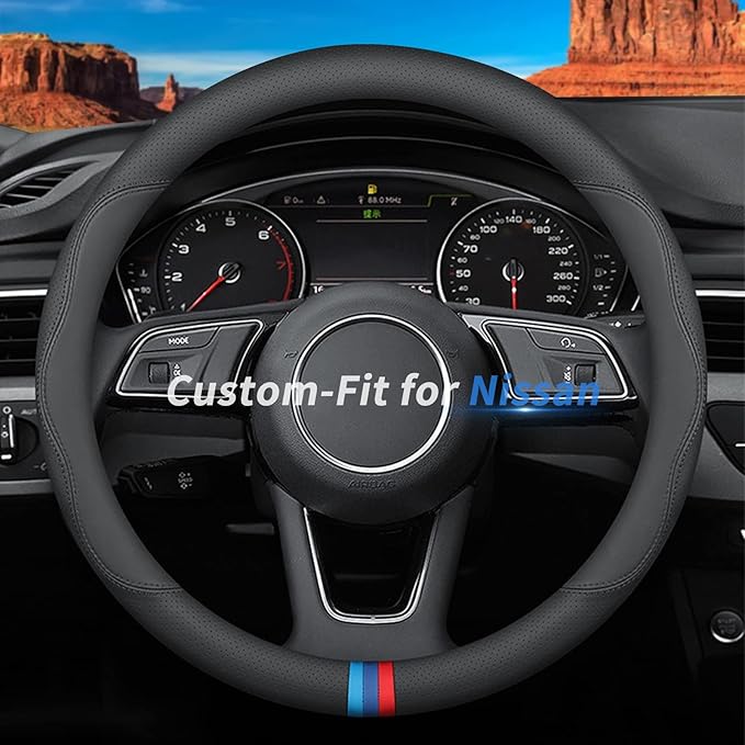 Custom-Fit for Nissan Steering Wheel Cover, Premium Leather Car Steering Wheel Cover with Logo, Non-Slip, Breathable, for Nissan Accessories (D-Style,for Nissan)