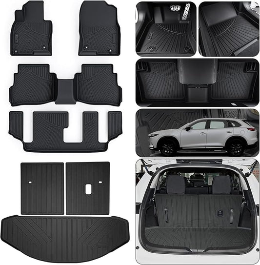 Floor Mats & Trunk Mat (Only Fit Sport Version) for 2016-2022 2023 Mazda CX-9 CX9 (7 Seats-2 Row Bench Seat),TPE All Weather Protection Floor Liners & Cargo Liners & Backrest Mat
