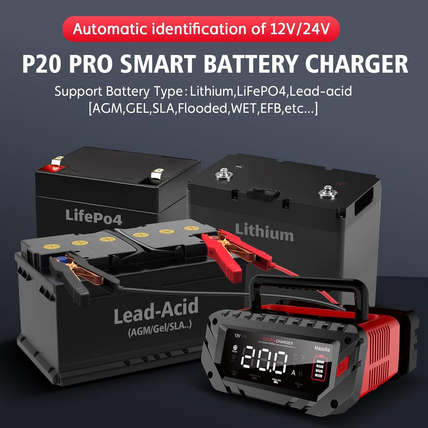 Haisito 20 Amp Lithium Battery Charger, 12V and 24V Lifepo4,Lead-Acid(AGM/Gel/SLA..) Portable Car Battery Charger,Battery Maintainer, Trickle Charger, and Battery Desulfator for Car,Boat, H-20-PRO