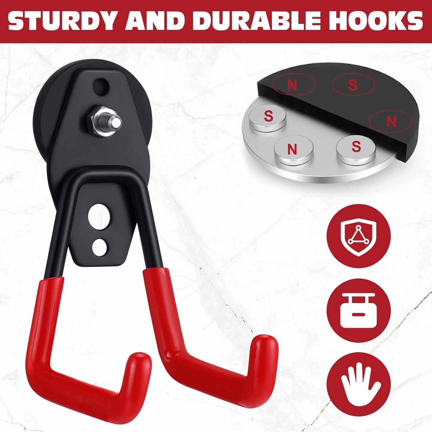 Landhoow Large Magnetic Hooks Heavy Duty Garage Magnet Hooks Strong Storage Utility Magnetic Hangers with Anti Slip Rubber Coating for Indoor and Outdoor Hanging(Red,10 Pcs)