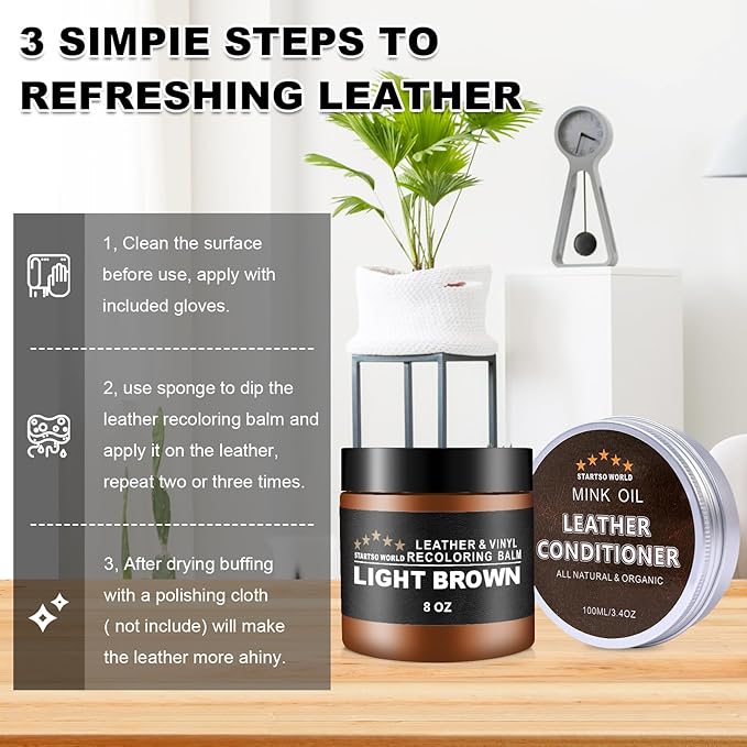 STARTSO WORLD Mink Oil Leather Conditioner & Repair Kit - Light Brown Leather Dye for Couches, Sofas, Shoes & Vinyl