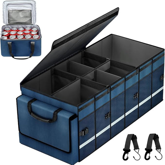 Car Trunk Organizer and Storage with Removable Leakproof Cooler Bag, 6 Removable Dividers for Custom Space, Collapsible Trunk Storage with Non Slip Bottom, Foldable Cover for SUV, Jeep, MPVs