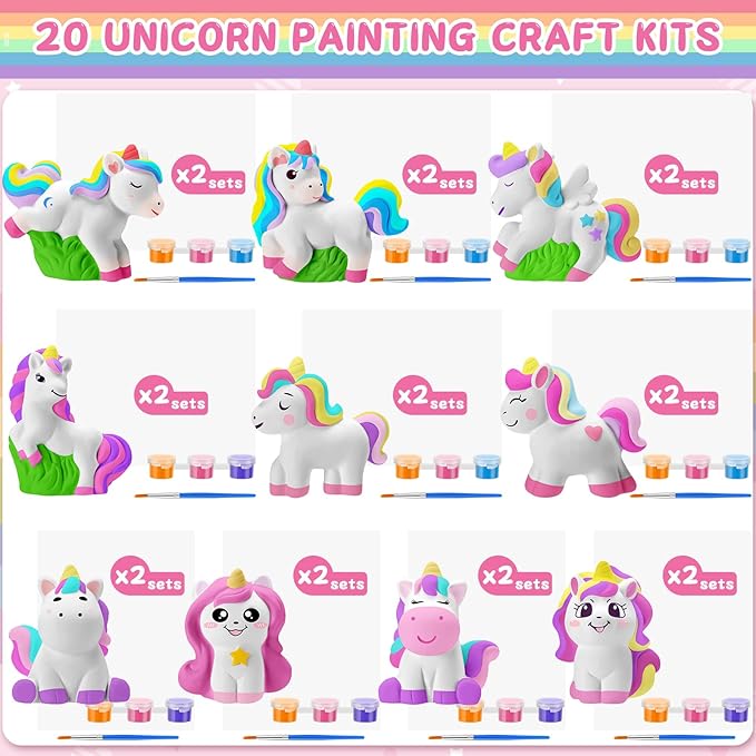 Simgoing 20 Set Dinosaur Unicorn Mermaid Donut Jungle Animal DIY Painting Kit Pumpkin Snowman Ceramic Paint Your Own Figurines Unpainted Plaster Craft for Party Favor(Unicorn)