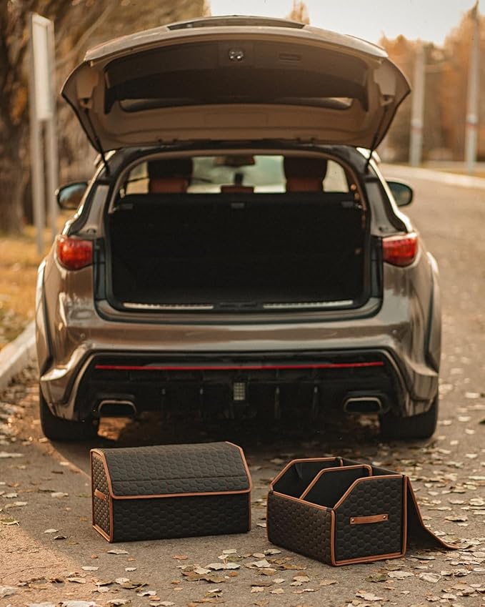 Owleys Rear Cargo Organizer For SUV | Set Of 17.7" & 21.6" Eco-Leather Crates | Foldable Car Storage With Magnetic Lids | Durable Car Trash Bin & Tote | Stylish Gifts For Boyfriend | Black-Brown