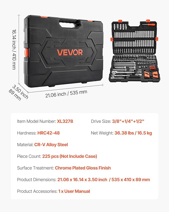 VEVOR Socket Set, 225 Pieces, 3/8 & 1/4 & 1/2 inch Drive Socket and Ratchet Set, SAE and Metric, Deep and Shallow, Mechanic Tool Kit with Bits, Accessories, Storage Case, CR-V Alloy Steel, for Repair