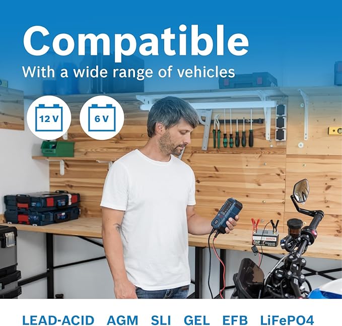 Bosch C40-Li: 5A 6V/12V Next-Gen Battery Charger – Smart Maintenance & Trickle Functionality with Advanced Safety Features – for Lead-Acid & Lithium Batteries, Including AGM, EFB, Gel & SLI
