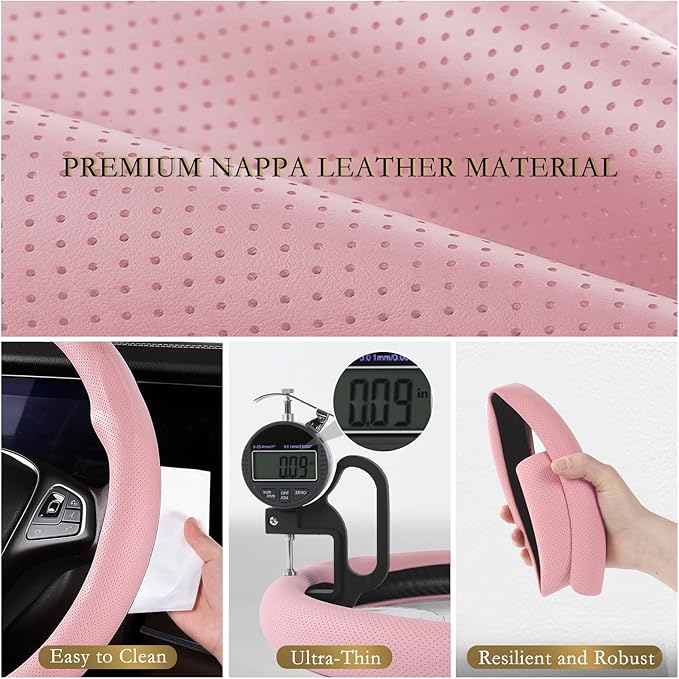 Aimato Nappa Leather Steering Wheel Cover, Ultra-Thin Car Steering Wheel Cover,Comfortable & Breathable Microfiber,Universal Fit for Most Cars,Pink