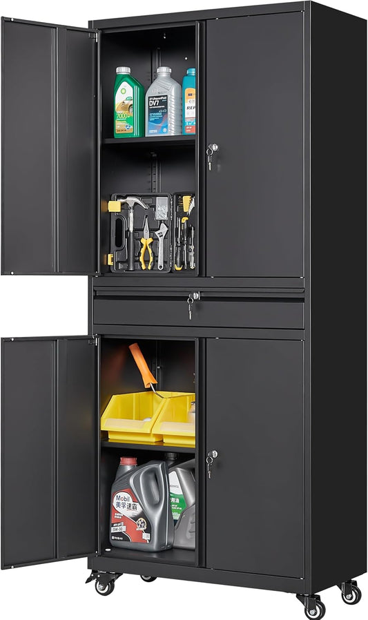 Metal Garage Storage Cabinet with Wheels and Drawer,73" Tall Black Rolling Garage Cabinet with Locking Doors and Adjustable Shelves,Mobile Metal Storage Cabinets on Wheels for Home,Office,Garages,Tool