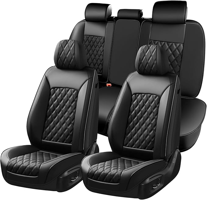 Huidasource Car Seat Covers Full Set, Nappa Leather Seat Covers, Front & Split Rear Bench Car Seat Cover, Zipper, Velcro Adjustable, Universal Fit for Most Cars, Vans, Trucks, SUVs (Full Set/Black)