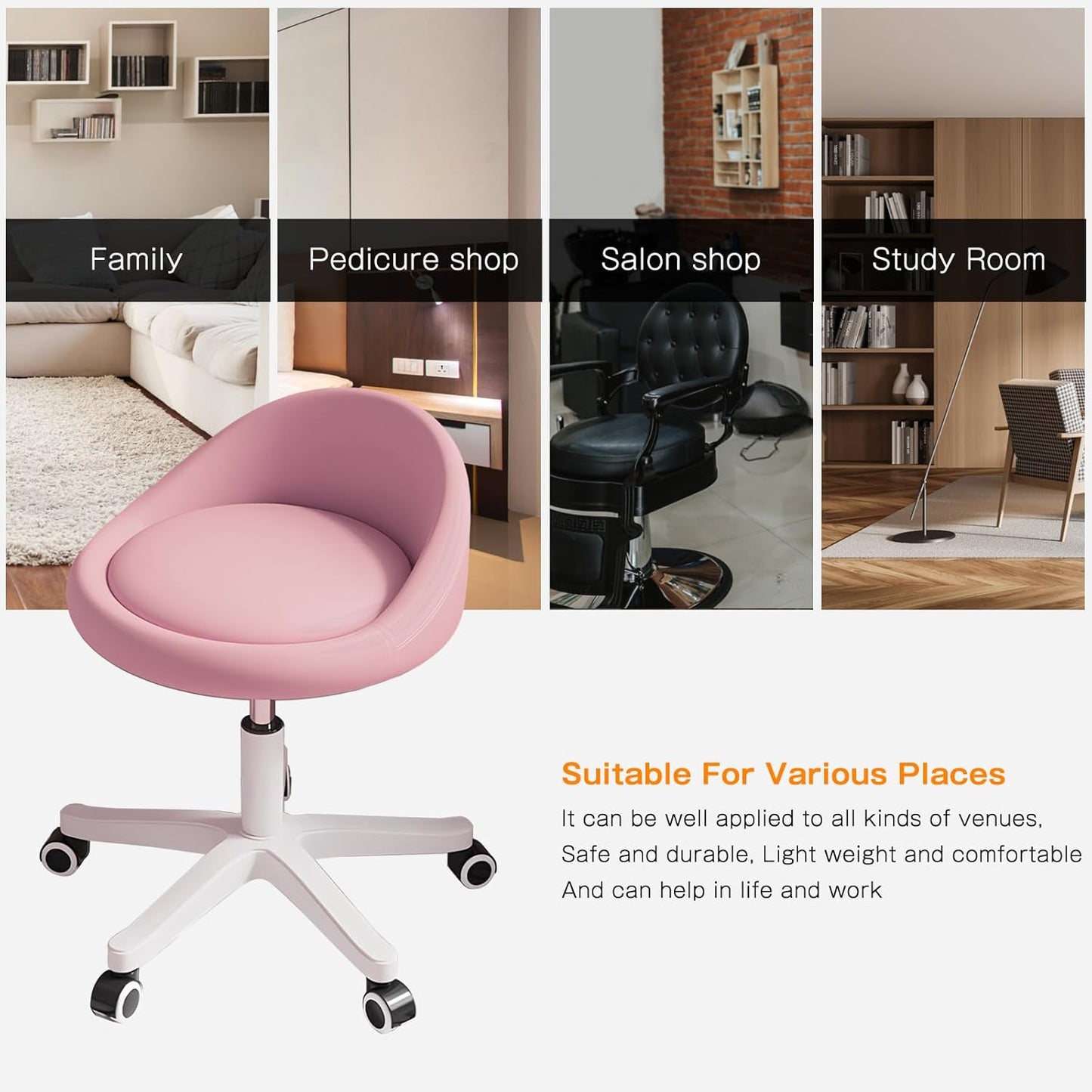 Rolling Stool Set of 4 Rolling Hydraulic Salon Stool with Low Backrest - Adjustable Swivel Chair for SPA, Shop, Salon, Massage, or Medical Office Pink