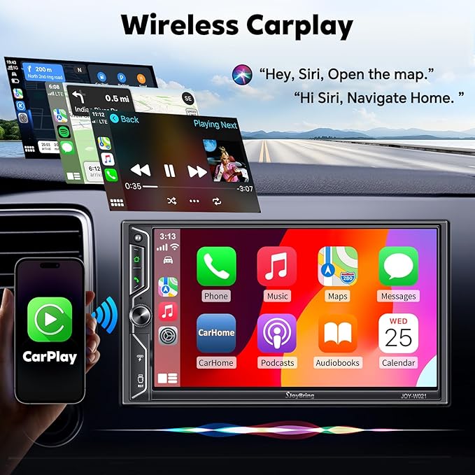 [QLED Screen Upgrade] 7" Double Din Car Stereo with Wireless Apple CarPlay and Android Auto, 240W Powerful Sound, 4.2-Channel Audio Output, Bluetooth, MirrorLink, Backup Camera, AM/FM Car Radio