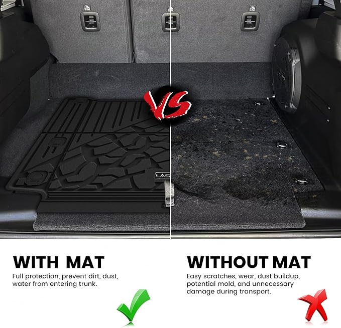LASFIT Trunk Mat for Jeep Wrangler Unlimited 4XE 2021-2024 2025 4 Door with Subwoofer, Plug-in Hybrid EV-Gas (PHEV), All Weather TPE Custom Fit Cargo Mat Trunk Liner Cargo Liner, Black