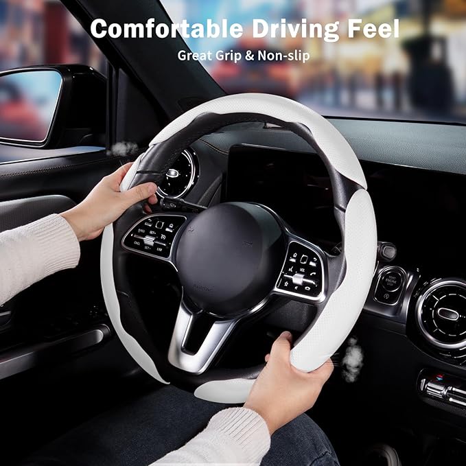 Nappa Leather Car Steering Wheel Cover for Men Women, Ultra-Thin Non-Slip Breathable Microfibre, Universal for 14.5"-15" Steering Wheel - White