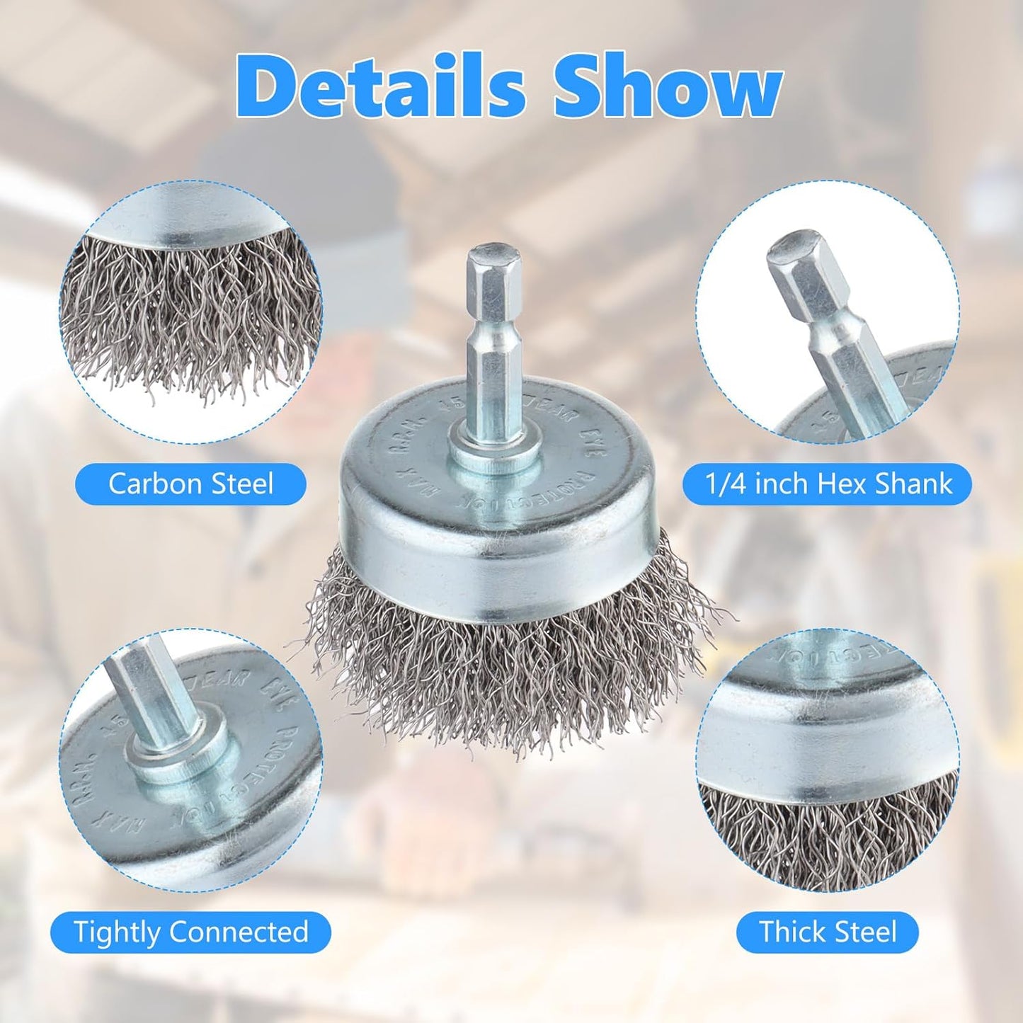 Rocaris 10-Pack Carbon Steel Wire Wheel, Cup, Pen Brush Set with 1/4-Inch Hex Shank for Rust Removal, Corrosion and Scrubbing Surfaces