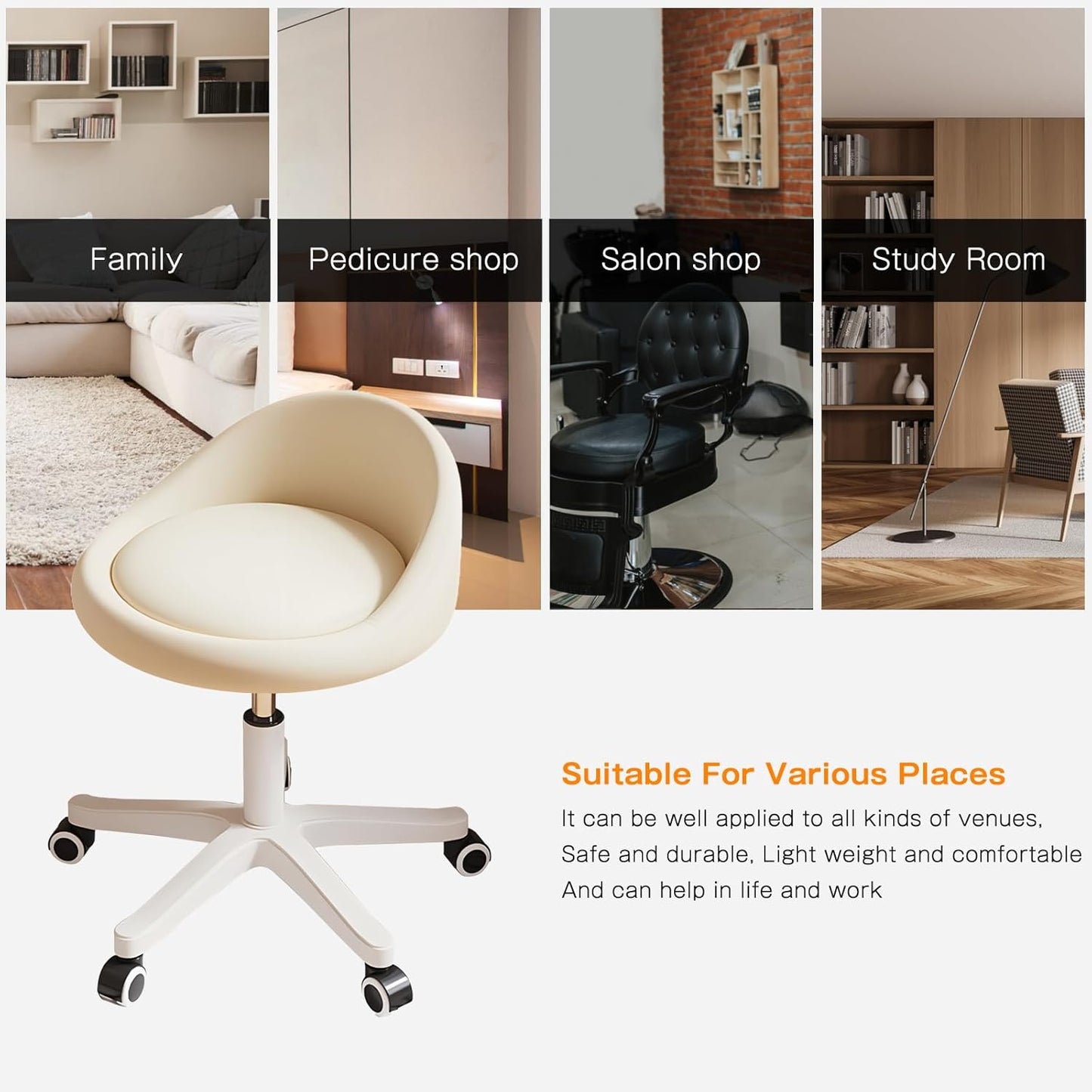 Rolling Stool Rolling Hydraulic Salon Stool with Low Backrest - Adjustable Swivel Chair for SPA, Shop, Salon, Massage, or Medical Office Beige-a