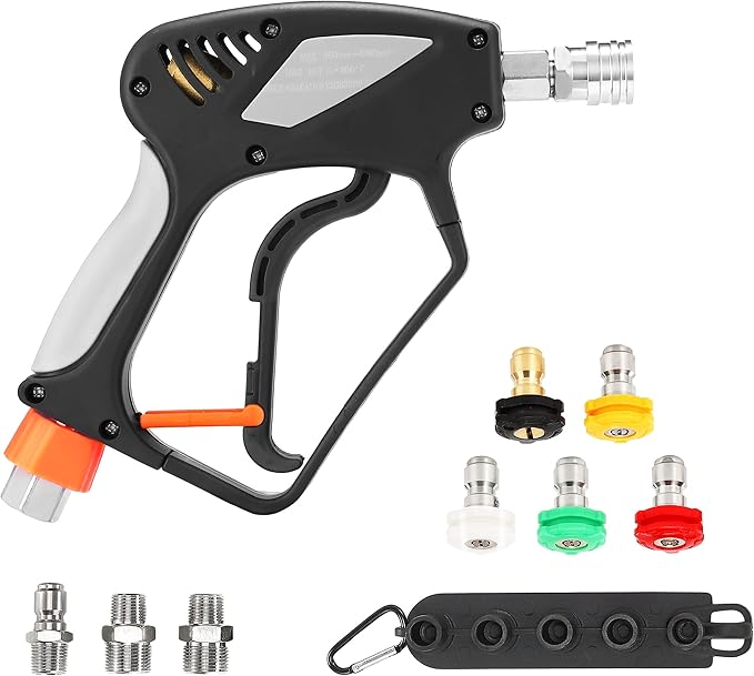 PWACCS Pressure Washer Gun with Swivel, Short Power Washer Gun with 3/8” Quick Connector, M22 14mm /15mm Fitting, 5 Pressure Washer Nozzle Tips with Holder, 5000 PSI Black