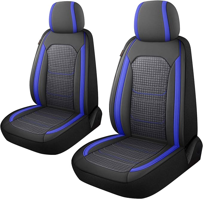CAROMOP Premium PU Leather&Flannel Car Seat Covers 2 Front Set with Breathable Cloth,Universal Fit for Most Car Interior Covers-Sedan Truck SUV(Black/Blue)
