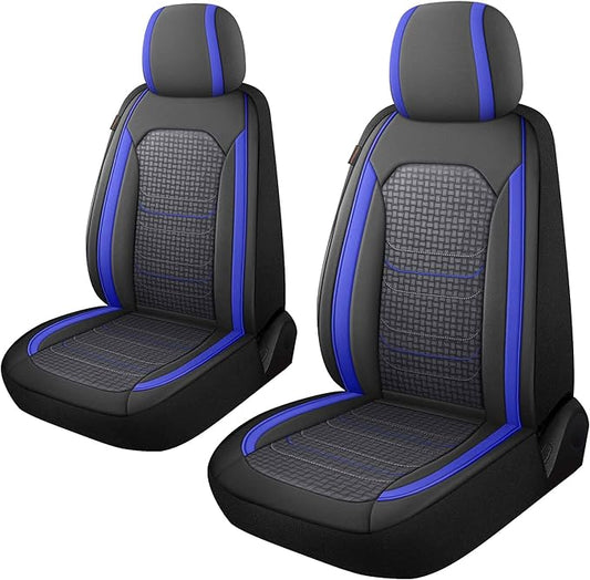 CAROMOP Premium PU Leather&Flannel Car Seat Covers 2 Front Set with Breathable Cloth,Universal Fit for Most Car Interior Covers-Sedan Truck SUV(Black/Blue)