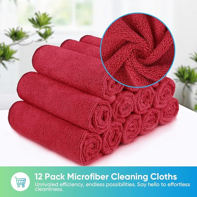 HOMEXCEL Red Microfiber Cleaning Cloth, 12 Pack Premium Microfiber Towels for Cars, Lint Free, Scratch-Free, Highly Absorbent, Reusable Cleaning Rags for Car, Household, Kitchen, Window, 11.5"X11.5"