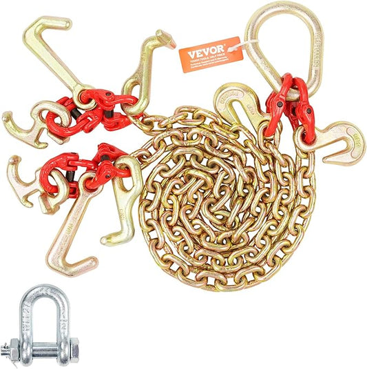 VEVOR G80 V Bridle Chain, 5/16" x 3' Towing Chain Bridle with R Hooks, T Hooks, J Hooks and Grab Hooks, Transport Tow Chain Bridle with 10800 lbs Safe Working Load for Flatbed Truck Wrecker Recovery