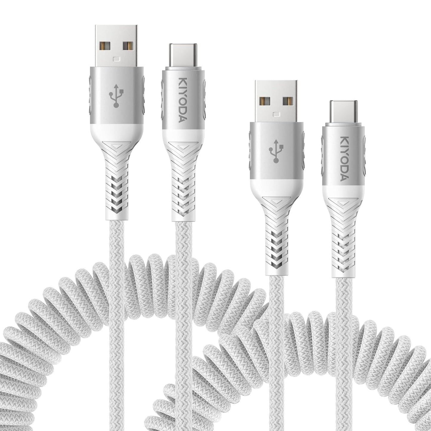Coiled USB to USB C Cable 6FT, 2Pack Braided USB A to Type C Charger Cable for Car 66W Fast Charging Cord Compatible with iPhone 16 15 Pro Max, iPad, Samsung Galaxy, Google Pixel, LG Phones-Silver