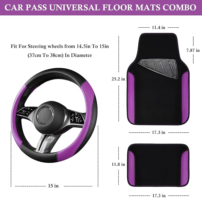 CAR PASS Faux Leather Steering Wheel Cover and Waterproof Car Floor Mats,Universal Car Combo Fit for 95% Sedan,SUV,Cars,14.5-15inch Sporty Anti-Slip Safety Comfortable Design(Black＆Purple)