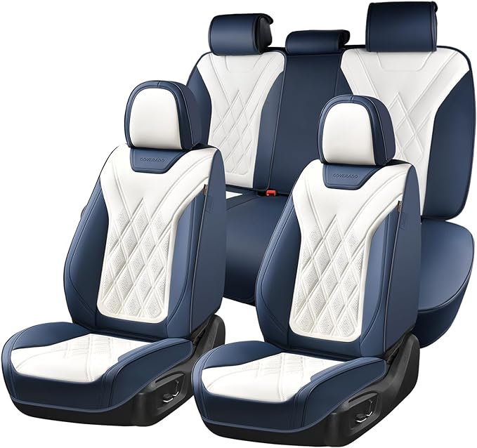 Coverado Car Seat Covers Full Set, Seat Covers for Cars, Waterproof Leather Automotive Seat Cover, Universal Car Interior Protectors Cushion for Most Cars Blue_White