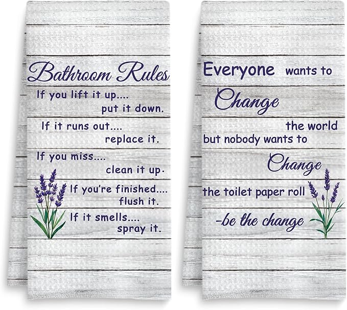 Funny Bathroom Rules Decorative Hand Towels Set of 2, Rustic Farmhouse Hand Towels for Bathroom Decor, 16x24 Inch(Lavender Style)