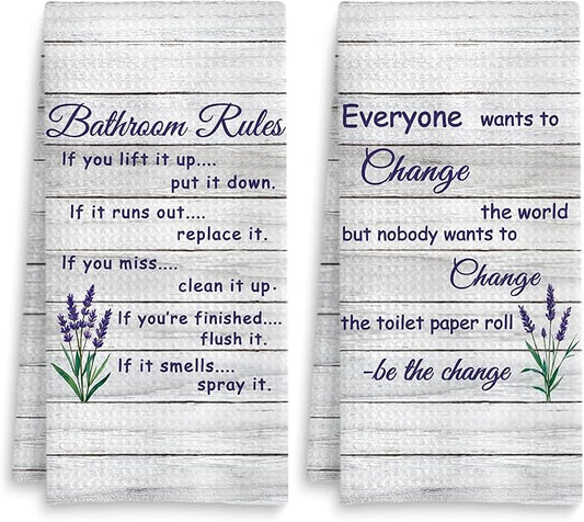 Funny Bathroom Rules Decorative Hand Towels Set of 2, Rustic Farmhouse Hand Towels for Bathroom Decor, 16x24 Inch(Lavender Style)