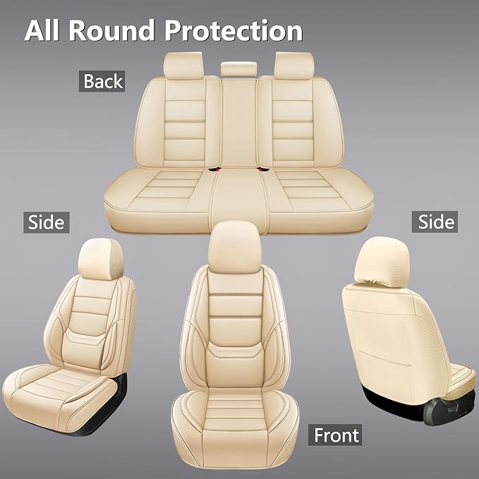 NS YOLO Leather Car Seat Covers Full Set,Universal Fit for Most Cars,SUVs and Sedans,Waterproof Luxury Leatherette Cushions, 5 Car Seat Protectors (Beige, Full Set-5 Seats(Front and Rear))