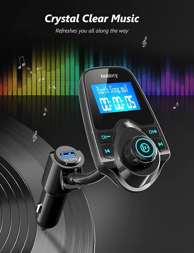 Nulaxy Car Bluetooth FM Transmitter [2024 Upgraded], 1.44" Display Flexible Gooseneck, Handsfree Call Wireless Music Stereo Audio Player Radio Adapter Car Kit USB Phone Charger, TF SD Card AUX-KM18