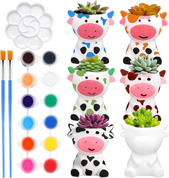 Pasimy 6 Set DIY Ceramic Succulent Planter Pots Paint Your Own Flower Pots Craft Kit Unpainted Bisque Paintable Flowerpot with Brush Palette Ready to Paint for Family Activity Gift(Cow)