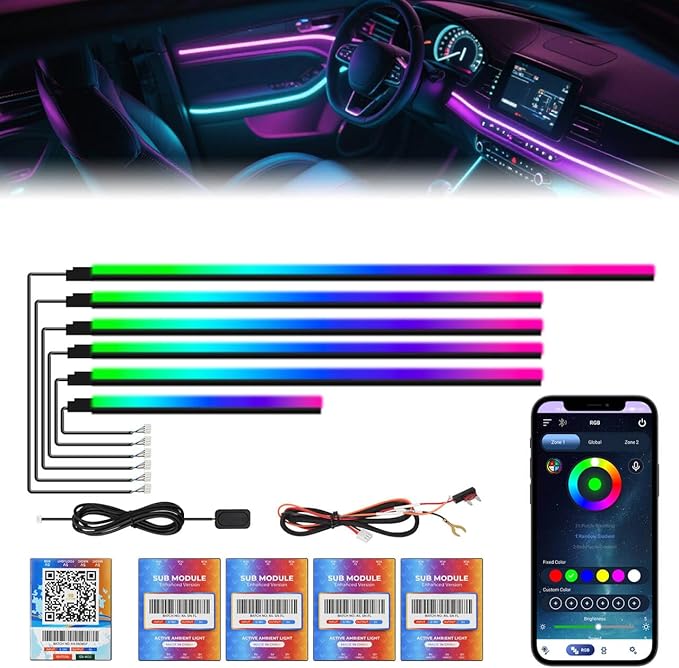 New Version Dreamcolor Acrylic Interior Car Lights 6 in 1 RGB LED Strip Lights with APP Control Zoned Control System 252 Color Modes DIY Fiber Optic Ambient Lighting Kits Music Car Neon Lights