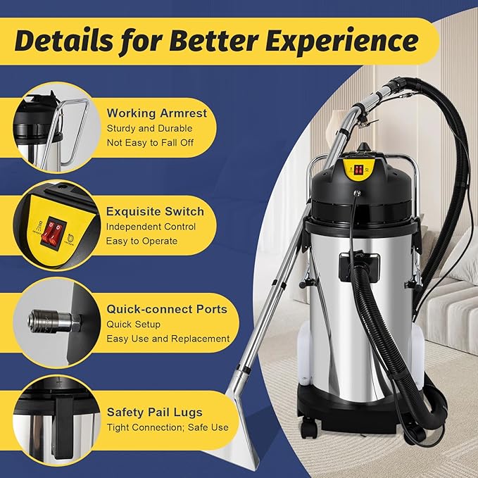 110V 40L Carpet Cleaner Machine Deep Cleaner, Commercial Carpet Cleaning Machine with Water Vacuuming Head&Round Brush, Portable Wet Dry Curtain Fabric Dust Cleaner for Hotels, Guest Houses