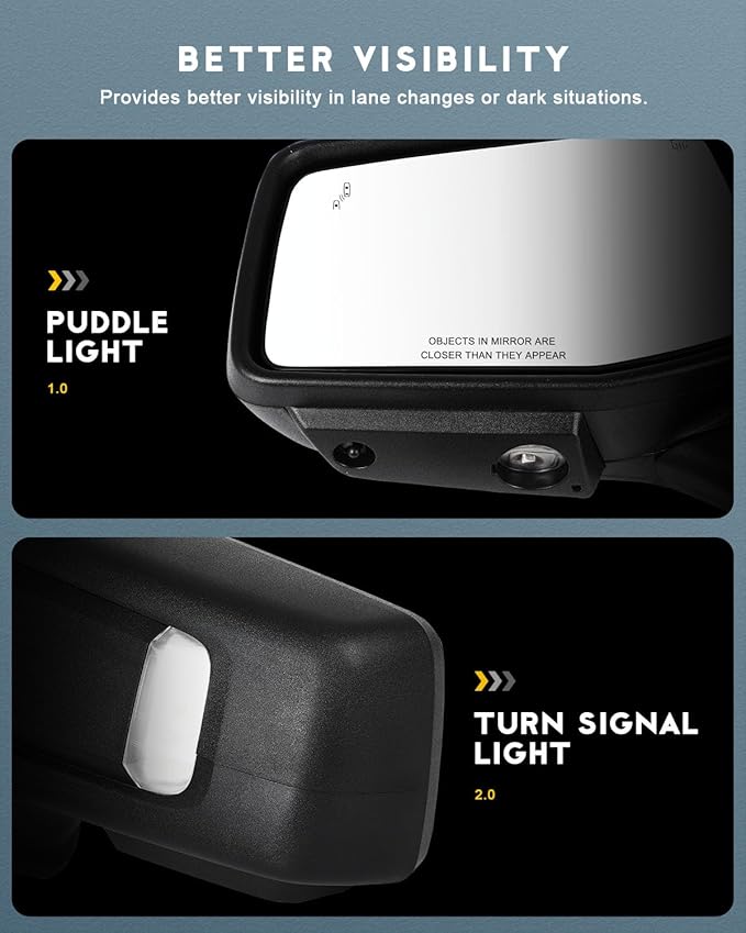 OCPTY A Pair Of Towing Mirror Fit For 2019 2020 2021 2022 2023 For Chevrolet Silverado 1500 With Power Heated Light On Cover Puddle Light Blind Spot Light Temp Sensor Power Folding Black Texture