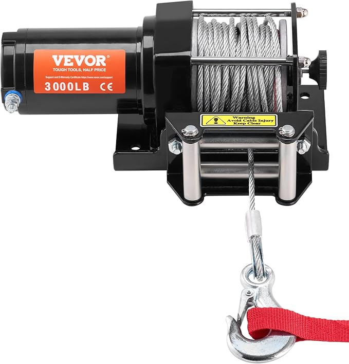 VEVOR ATV Winch, 3000 lb Electric Winch, 12V Small ATV UTV Winch with 3/16 in x 39 ft Steel Cable Roller Fairlead Wired Remote Control, IP55 Waterproof for Towing UTV ATV Car Vehicle Off-Road