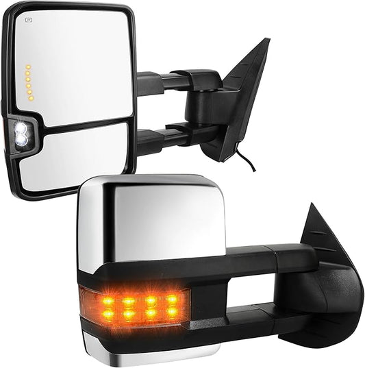 DWVO Telescoping Towing Mirrors for Chevy Silverado GMC Sierra 2007-2014, 2500HD 3500HD Tahoe Suburban Avalanche Yukon XL Denali, Power Heated Folding Mirrors with Turn Signal & Spot Light
