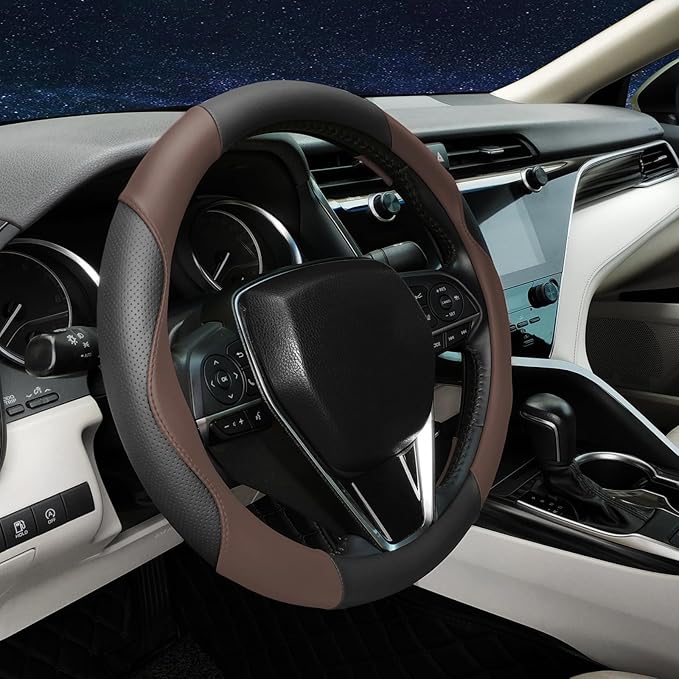 Steering Wheel Cover Universal Standard Size 14.5-15 inch, Breathable Microfiber Leather, Anti-Slip, Soft Grip, Sporty Design, Fits for Cars SUVs Trucks, Black and Chocolate Brown