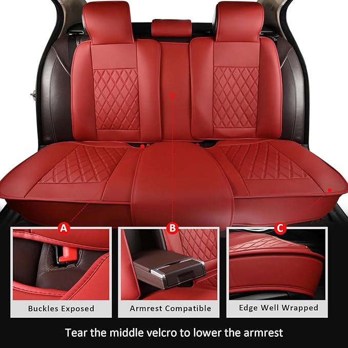 MIROZO Seat Covers Full Set,Waterproof Faux Leather Car Seat Covers Breathable Car Seat Protector Universal Automotive Vehicle Cushion Cover for Most Sedan, Truck and SUV (Full Set, Wine Red