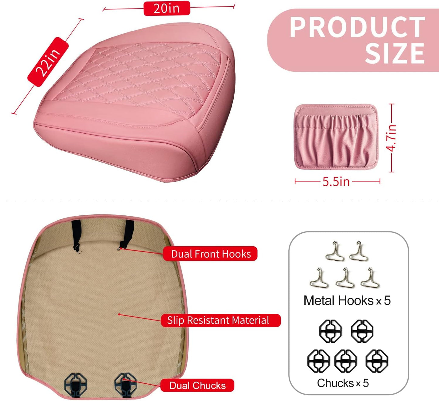 2 Pack Leather Front Car Seat Cover Bottom Car Seat, Anti-Slip and Full Wrap Driver Car Seat Protectors with Storage Pocket, Luxury Waterproof Bottom Auto Seat Cushion Pad Mat for Most Vehicles(Pink)