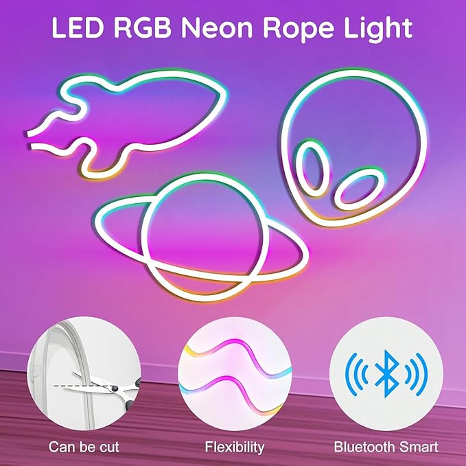 100FTNeon Rope Lights,Flexible Led Rope Lights Control with App/Remote,Multiple Modes Rope Lights,IP65 Outdoor RGB Led Neons Light Waterproof