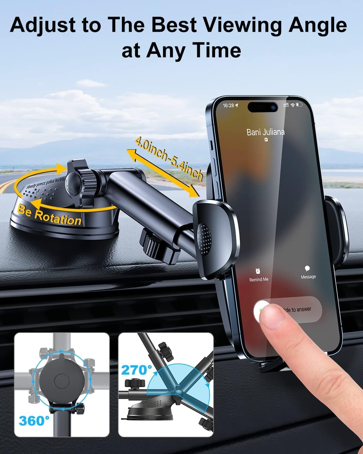 3-in-1 Car Phone Mount [2025 Upgraded Suction Cup] - Dashboard/Vent/Windshield, 60LBS Strong Hold, 360° Rotation, Thick Case Friendly - Fit iPhone 14/Samsung Galaxy & All Phones (Black)