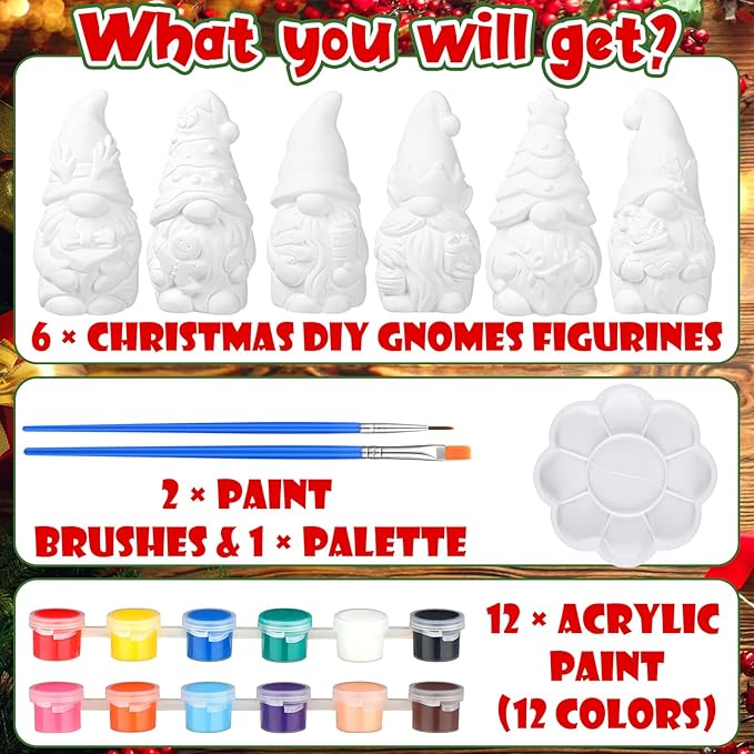 Eersida 6 Sets Christmas Gnome Ceramics to Paint Xmas Ready to Paint Your Own Ceramic Gnome Statues DIY Unpainted Ceramics Paintable Figurines Kit Crafts with Brush Palette