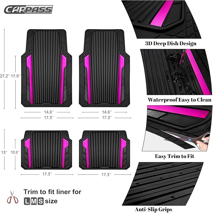 CAR PASS Heavy Duty Rubber Car Mats Metallic, Aluminum Film All Weather Floor Mats Waterproof Universal Trim to Fit for SUV Sedan Van 4 Piece Anodized Deep Dish Two-Tone Sporty Black Hot Pink Chrome