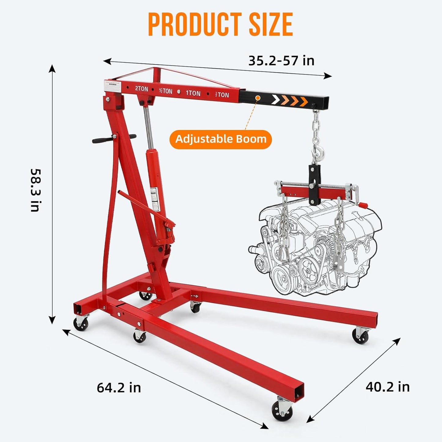2 Ton Folding Engine Hoist with Lever, Cherry Picker Shop Crane Hoist Lift, 4400 Lbs Heavy Duty Steel Hydraulic Shop Engine Crane for Workshop and Garage, Red