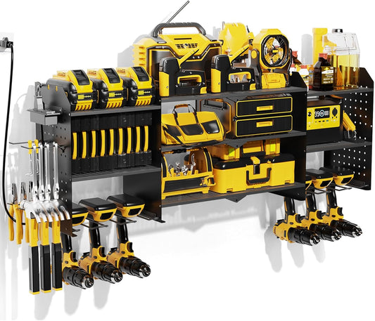 Power Tool Organizer Wall Mount with Charging Station, Expanded Width Power Tool Storage Rack, Large Tool Battery Organizer with Screwdriver/Hammer Heavy Duty Garage Storage