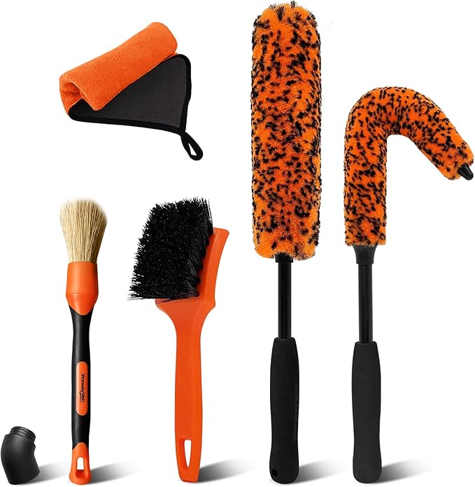 YeewayVeh 5PCS Car Wheel Cleaning Kit, 2-Size Bendable Wheel Brush Set, Scratch-Free Rim Cleaner Brush, Tire Brush and Car Detailing Brush with Microfiber Towel for All Wheel Types