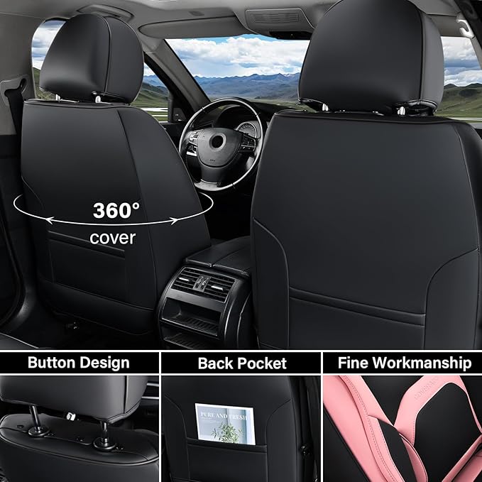Coverado Car Seat Covers Full Set, Waterproof Nappa Leather Seat Covers for Car, Car Seat Protector with Lumbar Support, Automotive Seat Covers Universal Fit for Most Cars SUV Trucks, (Black&Pink)